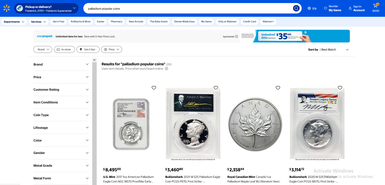 Walmart - Palladium page Screenshot - Platinum / Palladium Bullion Buying Guide