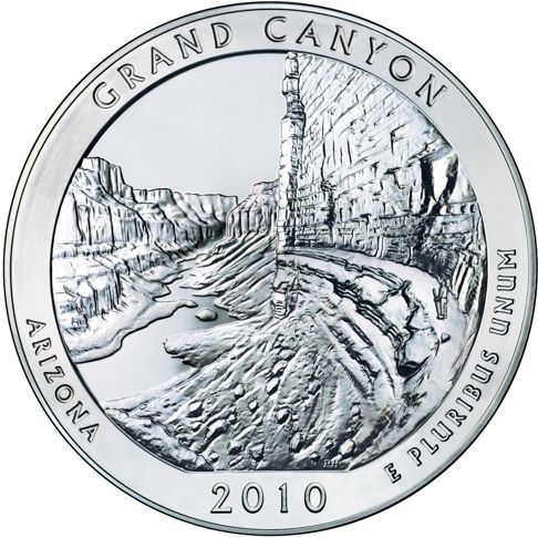 2010 - 5 oz. Silver, Grand Canyon, Arizona - America the Beautiful Bullion Coin - reverse side