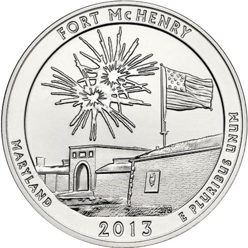 2013 - 5 oz. Silver, Fort McHenry, Maryland - America the Beautiful Bullion Coin - reverse side