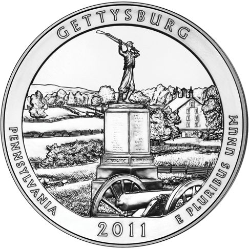 2011 - 5 oz. Silver, Gettysburg, Pennsylvania - America the Beautiful Bullion Coin - reverse side