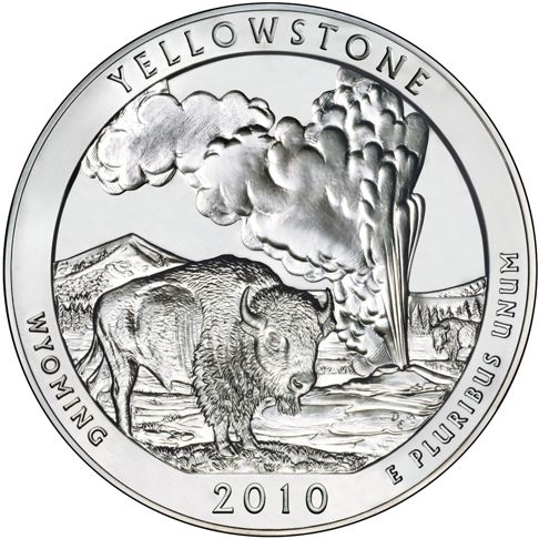 2010 - 5 oz. Silver, Yellowstone, Wyoming - America the Beautiful Bullion Coin - reverse side