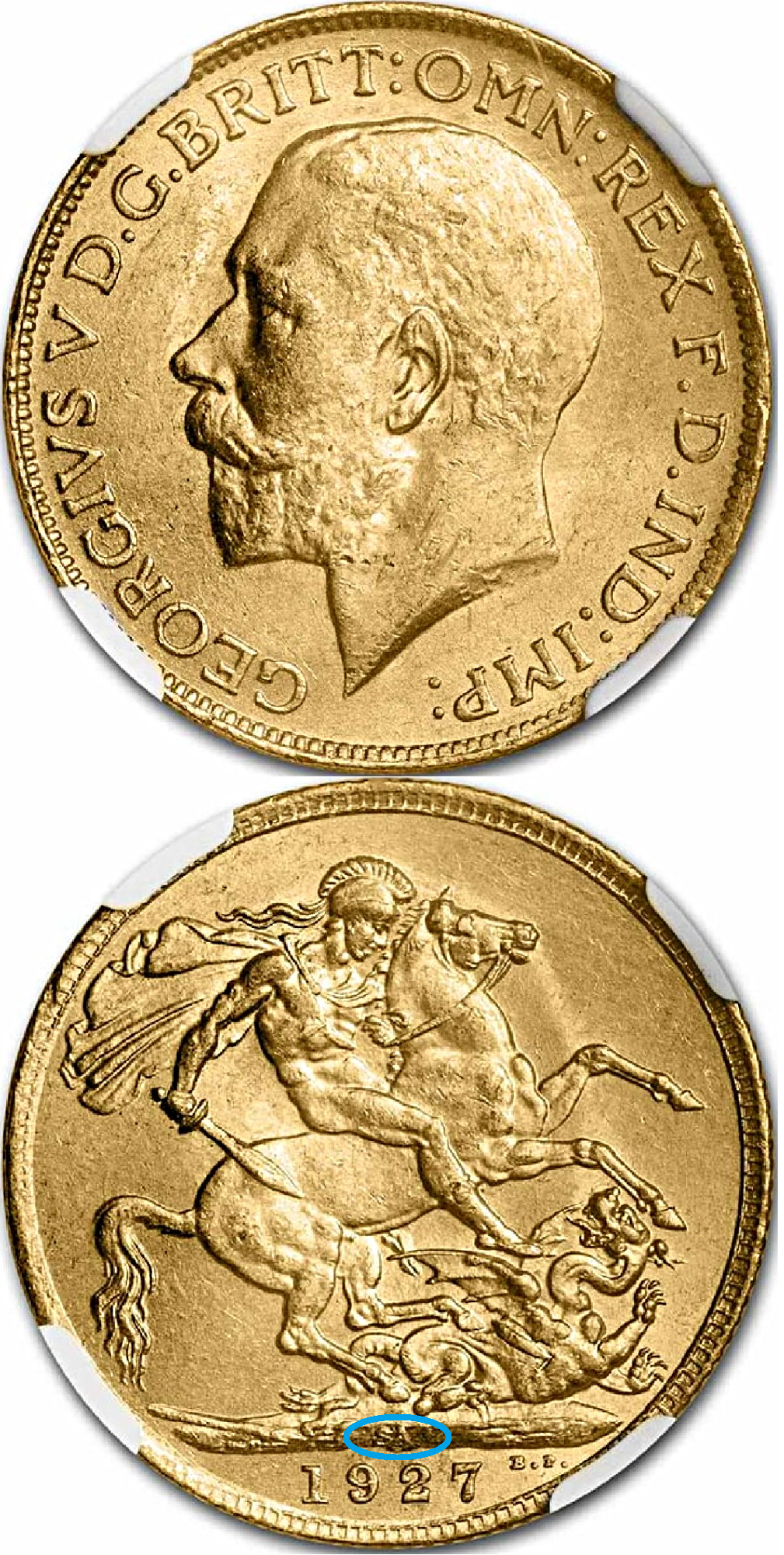 1927 South African Gold Sovereign - Obverse/Reverse - "SA" mint-mark circled