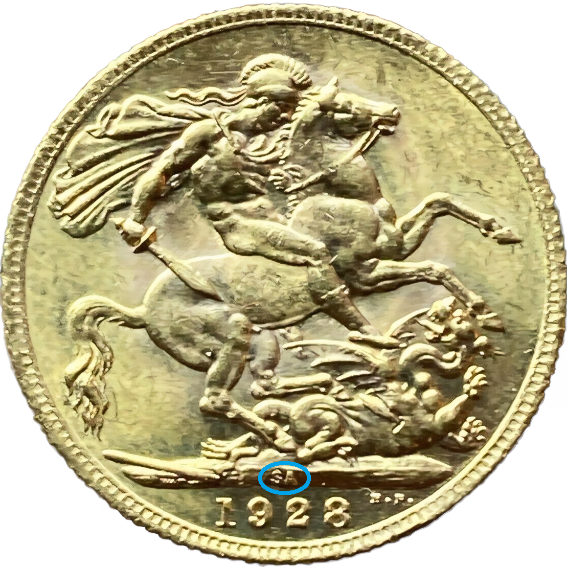 1928 South African Gold Sovereign with "SA" circled - reverse side