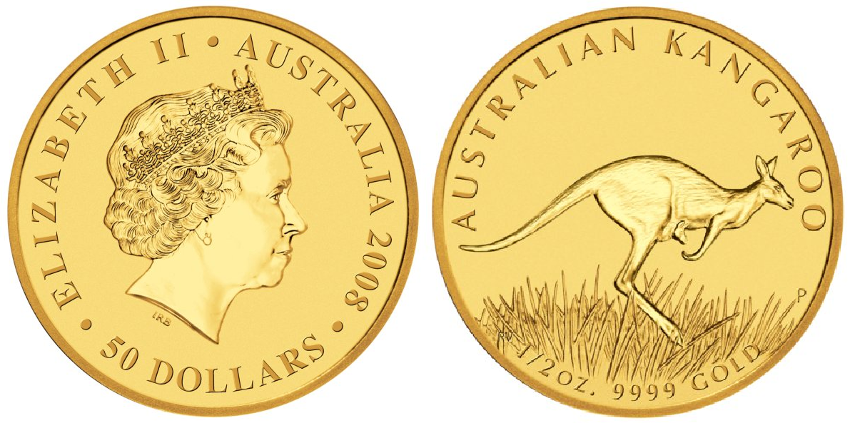 2008 1/2 oz. Gold Australian Kangaroo bullion coin - Obverse & Reverse