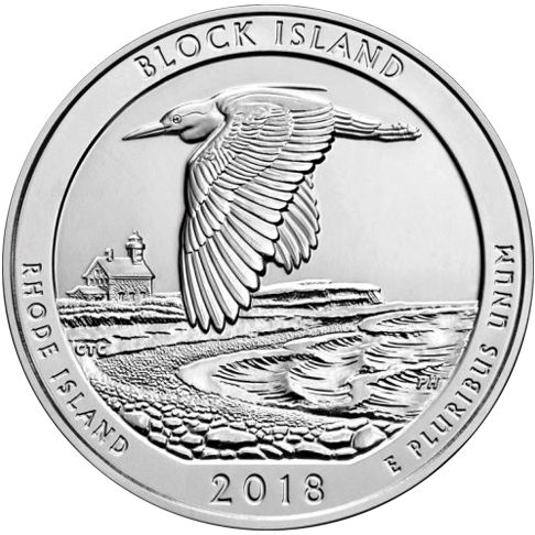 2018 - 5 oz. Silver America the Beautiful Bullion Coin - Block Island - Rhode Island - Reverse side