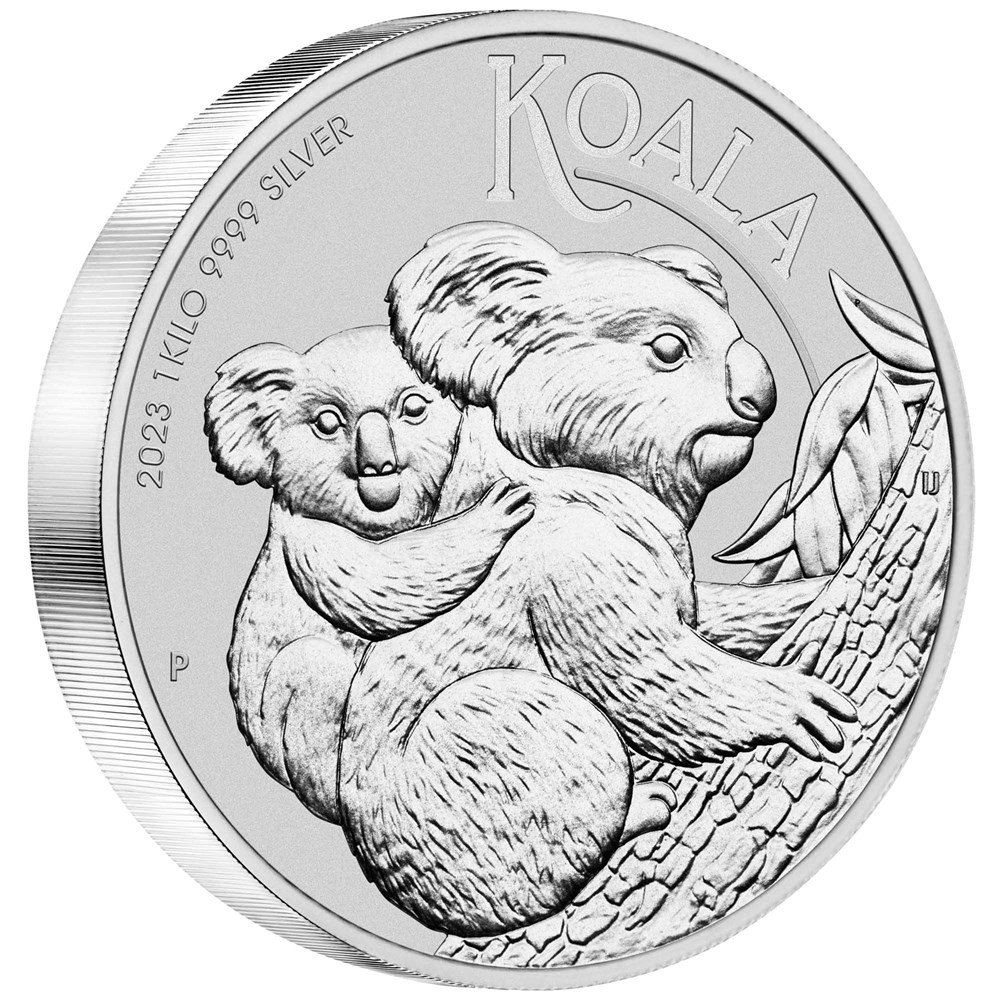 2023 1-kilo. Australian Koala silver bullion coin - reverse side showing reeded edge