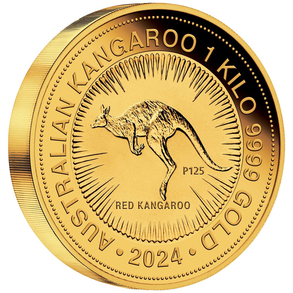 2024 1 kilo. Australian Kangaroo Gold bullion coin - Reverse Side Showing its Edge