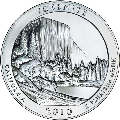 2010 - 5 oz. Silver, Yosemite, California - America the Beautiful Bullion Coin - reverse side