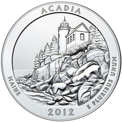 2012 - 5 oz. Silver, Acadia, Maine - America the Beautiful Bullion Coin - reverse side