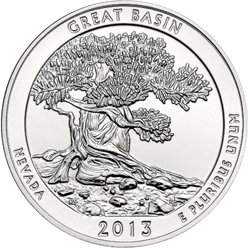2013 - 5 oz. Silver, Great Basin, Nevada - America the Beautiful Bullion Coin - reverse side