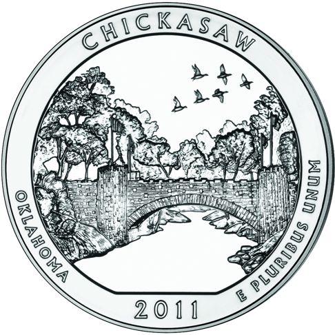 2011 - 5 oz. Silver, Chickasaw, Oklahoma - America the Beautiful Bullion Coin - reverse side