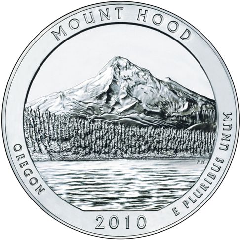 2010 - 5 oz. Silver, Mount Hood, Oregon - America the Beautiful Bullion Coin - reverse side