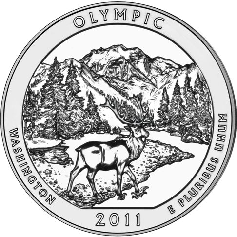 2011 - 5 oz. Silver, Olympic, Washington - America the Beautiful Bullion Coin - reverse side