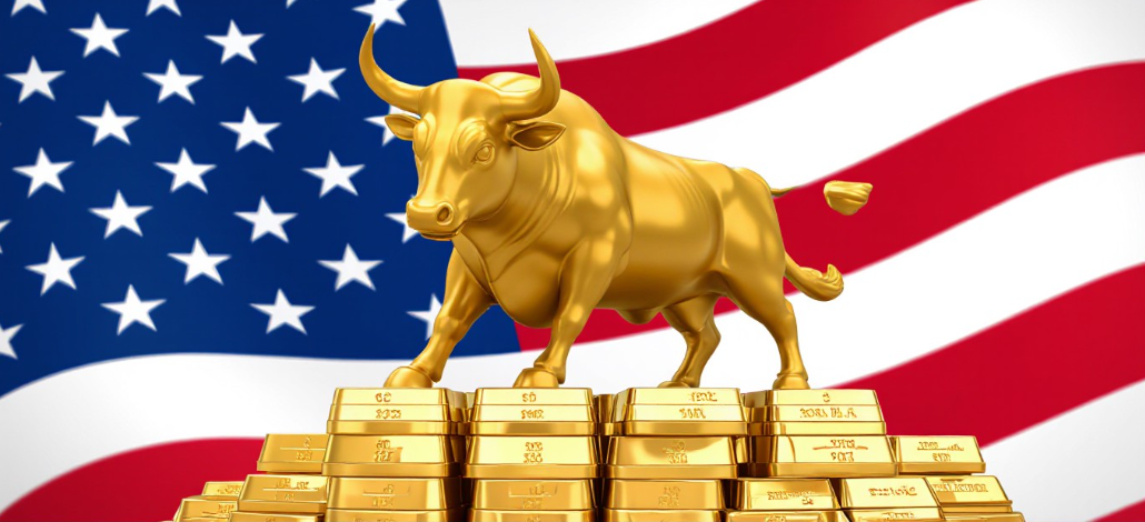 Ai Image - Gold Bull on Gold Bullion Bars with American Flag in Background