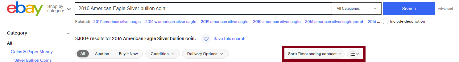 eBay Auction  - choosing the "Ending Soonest" option