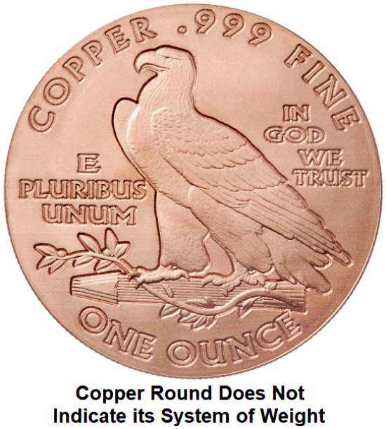 Copper Round with NO System of Weight indicated on the Round
