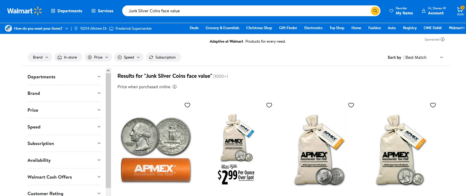 Walmart - Junk Silver Page Screenshot