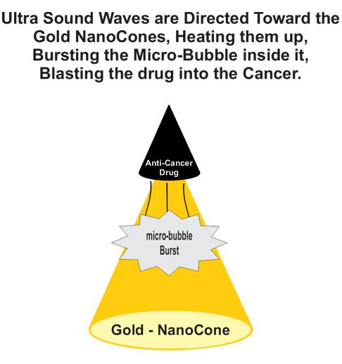 Gold Nano Cone Warhead Blasting Targeted Drugs at Cancer