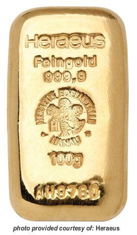 Heraeus cast/poured gold bullion bar